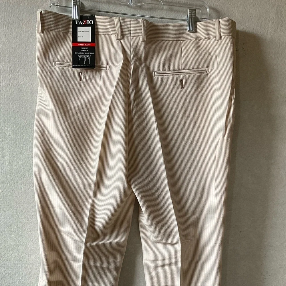 Tazio pants. Pen stripe. Beige and white. NWT Size 20